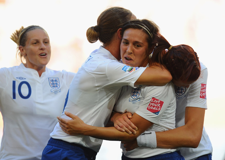 Fara Williams (third from left) is congratulated by Kelly Smith, Casey Stoney and Jill Scott after opening the scoring against Mexico.